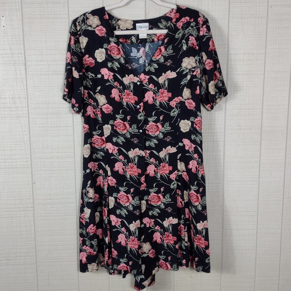 Vintage 90s Romper Button Front Black Rose Floral Print
